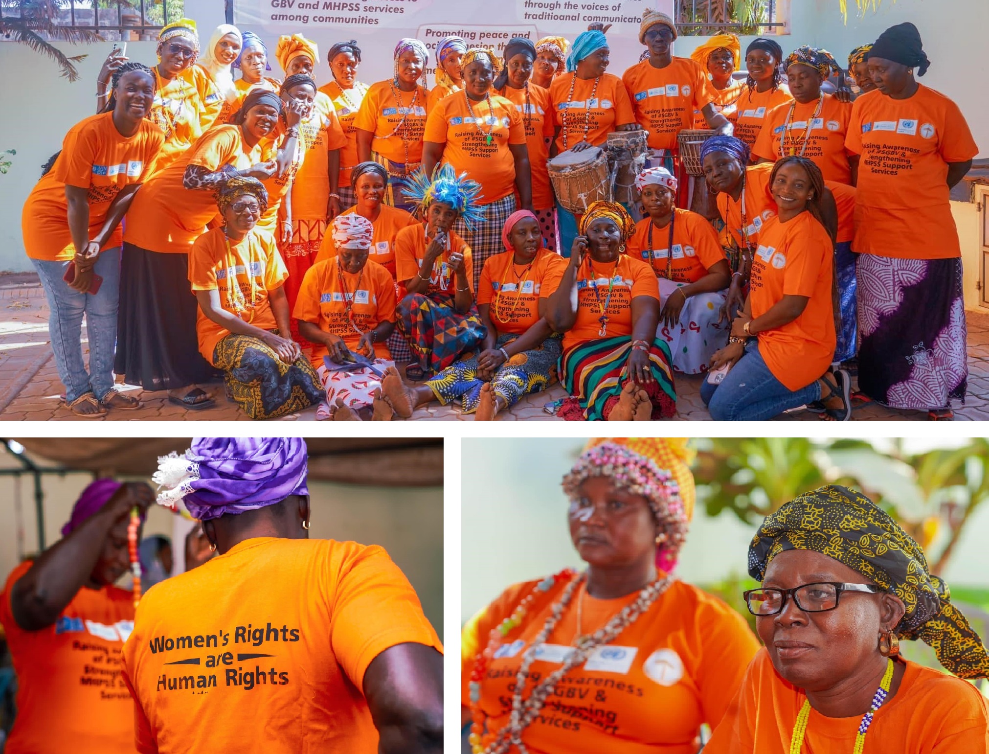 Members of a women's group are shown posing for a group photo and engaging in discussion.